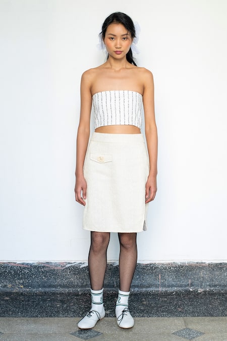 Buy_LAHARIO_Cream Linen Fringe Bandeau Neck, Collared Checkered Jacket And Bralette Set _Online_at_Aza_Fashions