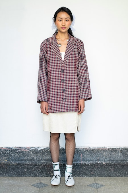 Shop_LAHARIO_Cream Linen Fringe Bandeau Neck, Collared Checkered Jacket And Bralette Set _Online_at_Aza_Fashions