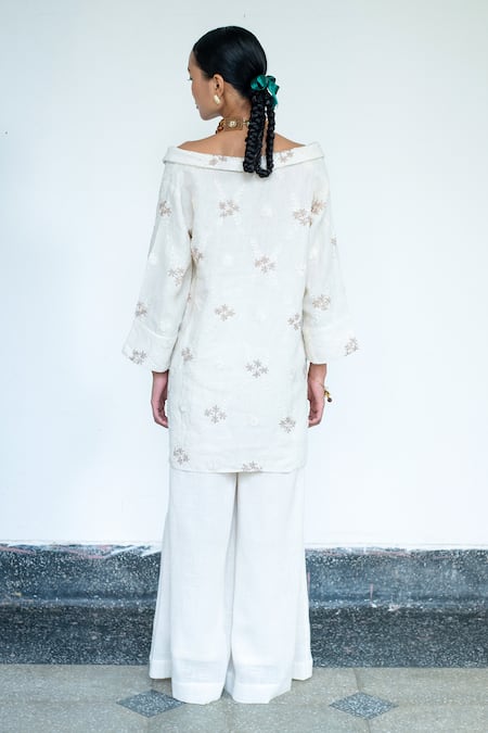 LAHARIO Floral Embroidered Shirt & Flared Pant Set 