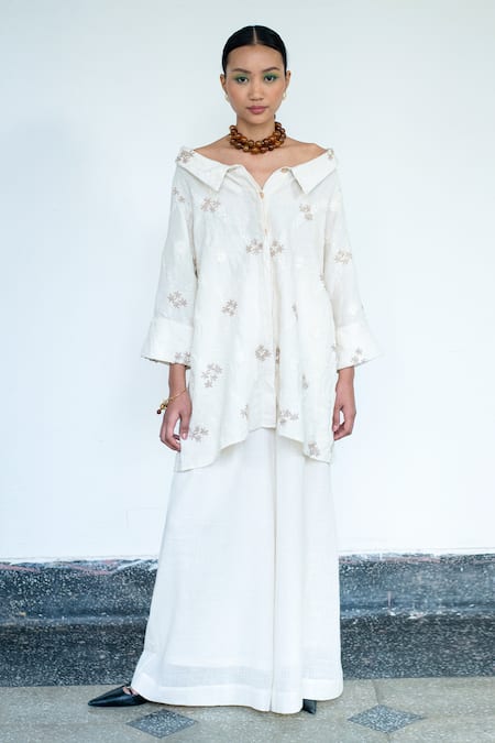 LAHARIO_Cream Linen Embroidery Collared Floral Shirt And Pant Set _Online_at_Aza_Fashions