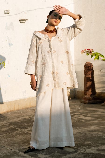 Shop_LAHARIO_Cream Linen Embroidery Collared Floral Shirt And Pant Set _Online_at_Aza_Fashions