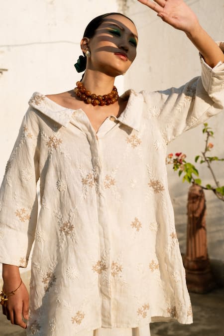 LAHARIO_Cream Linen Embroidery Collared Floral Shirt And Pant Set _at_Aza_Fashions