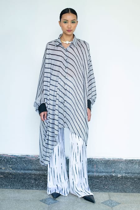 LAHARIO_Black Linen Collared Muga Chevron Stripe Kaftan And Pant Set _Online_at_Aza_Fashions