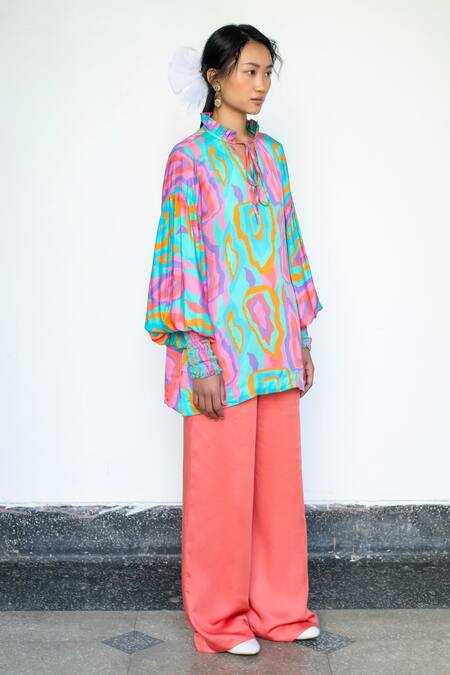 LAHARIO_Multi Color Modal, Satin Collared Multicolor Abstract Print Shirt And Pant Set _Online_at_Aza_Fashions