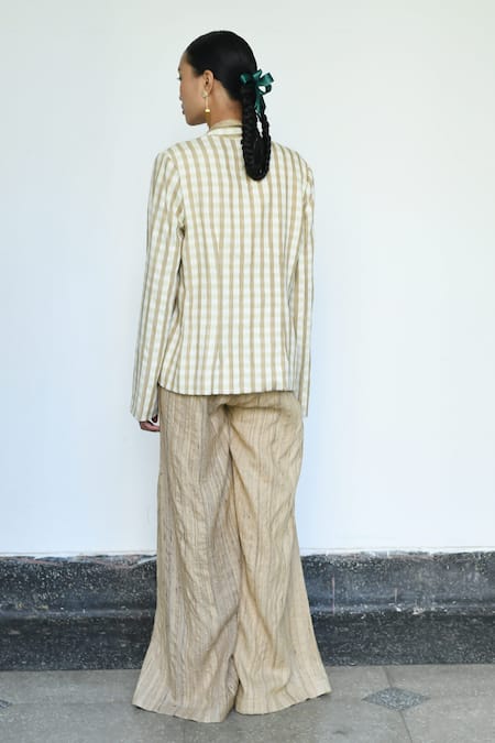 LAHARIO Beige Checkered Jacket Pant Set 
