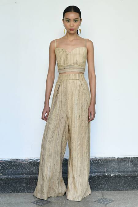 LAHARIO Beige Linen, Silk Sweetheart , Round Checkered Jacket Pant Set Online at Aza Fashions LAHARIO_Beige Linen, Silk Sweetheart , Round Checkered Jacket Pant Set _Online_at_Aza_Fashions