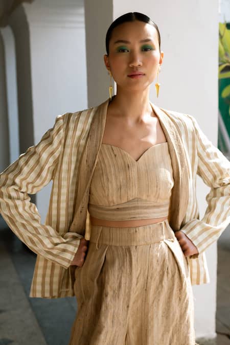 Buy LAHARIO Beige Linen, Silk Sweetheart , Round Checkered Jacket Pant Set Online at Aza Fashions Buy_LAHARIO_Beige Linen, Silk Sweetheart , Round Checkered Jacket Pant Set _Online_at_Aza_Fashions