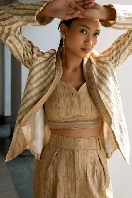 Shop LAHARIO Beige Linen, Silk Sweetheart , Round Checkered Jacket Pant Set Online at Aza Fashions Shop_LAHARIO_Beige Linen, Silk Sweetheart , Round Checkered Jacket Pant Set _Online_at_Aza_Fashions