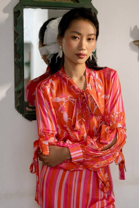 LAHARIO Orange Tie-up Collar Top And Striped Pant Set Online at Aza Fashions LAHARIO_Orange Tie-up Collar Top And Striped Pant Set _Online_at_Aza_Fashions