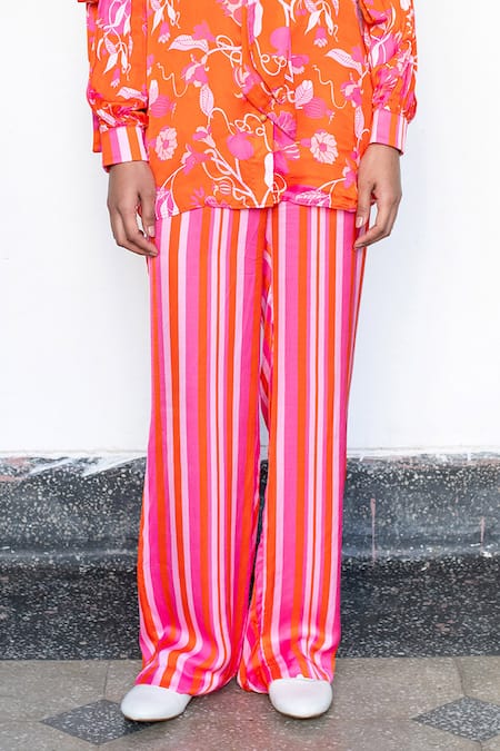 Buy LAHARIO Orange Tie-up Collar Top And Striped Pant Set Online at Aza Fashions Buy_LAHARIO_Orange Tie-up Collar Top And Striped Pant Set _Online_at_Aza_Fashions