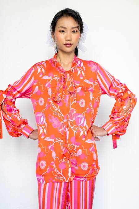 Shop LAHARIO Orange Tie-up Collar Top And Striped Pant Set Online at Aza Fashions Shop_LAHARIO_Orange Tie-up Collar Top And Striped Pant Set _Online_at_Aza_Fashions