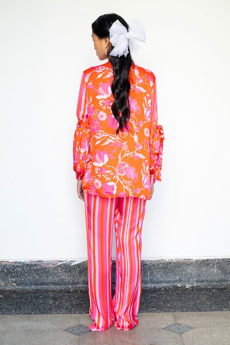 LAHARIO Orange Tie-Up Collar Top & Striped Pant Set 