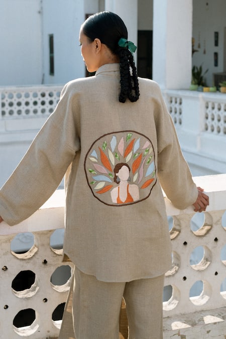 LAHARIO_Beige Linen Embroidery Collared Shirt And Pant Set _Online_at_Aza_Fashions