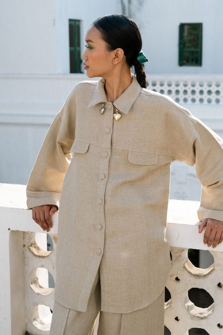 Buy_LAHARIO_Beige Linen Embroidery Collared Shirt And Pant Set _Online_at_Aza_Fashions