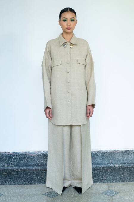 Shop_LAHARIO_Beige Linen Embroidery Collared Shirt And Pant Set _Online_at_Aza_Fashions