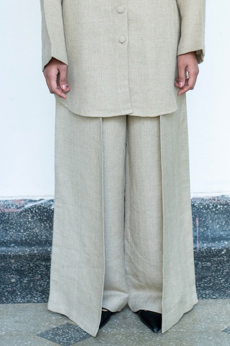 LAHARIO_Beige Linen Embroidery Collared Shirt And Pant Set _at_Aza_Fashions