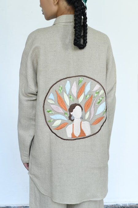 Buy_LAHARIO_Beige Linen Embroidery Collared Shirt And Pant Set 