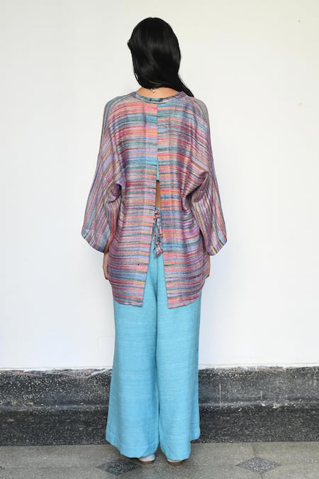 LAHARIO Striped Kaftan Cape & Bralette Pant Set 