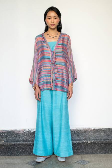 LAHARIO_Blue Linen, Silk Round Neck, Striped Kaftan Cape And Bralette Pant Set _Online_at_Aza_Fashions