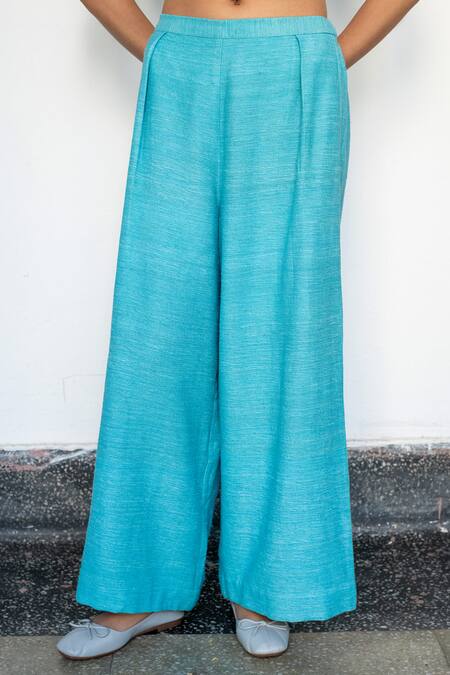 Buy_LAHARIO_Blue Linen, Silk Round Neck, Striped Kaftan Cape And Bralette Pant Set _Online_at_Aza_Fashions