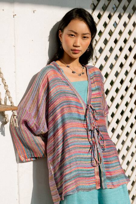 LAHARIO_Blue Linen, Silk Round Neck, Striped Kaftan Cape And Bralette Pant Set _at_Aza_Fashions