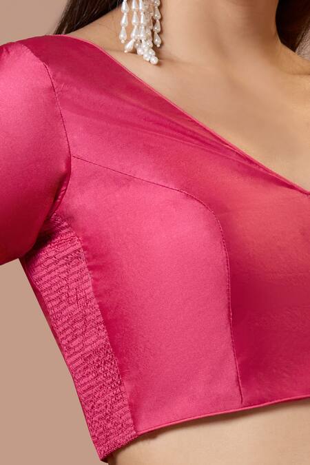 Shop Samyukta Singhania Pink Silk Tassels V-neck Half Sleeve Blouse Online at Aza Fashions Shop_Samyukta Singhania_Pink Silk Tassels V-neck Half Sleeve Blouse_Online_at_Aza_Fashions