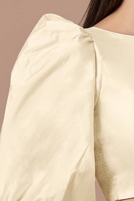 Samyukta Singhania_Off White , Satin Round Neck Puff Sleeve Blouse_Online_at_Aza_Fashions