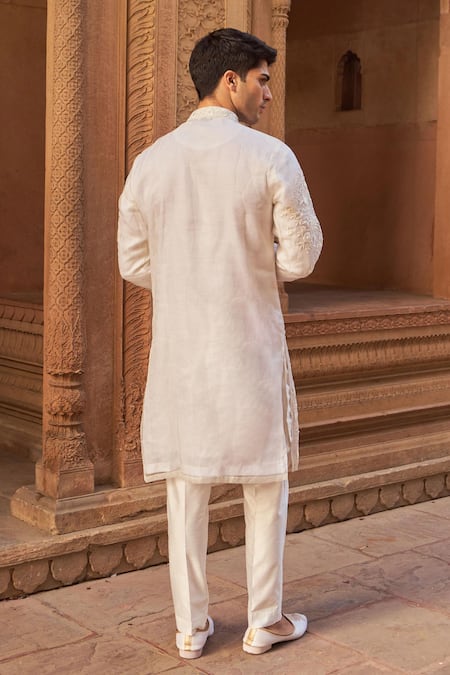 Shop Nidhika Shekhar Ivory Organza, Cotton Embroidery Resham Kurta And Pant Set at Aza Fashions Shop_Nidhika Shekhar_Ivory Organza, Cotton Embroidery Resham Kurta And Pant Set _at_Aza_Fashions