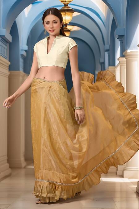 Buy Samyukta Singhania Off White Silk Mandarin Collar Solid Smocked Panel Blouse Buy_Samyukta Singhania_Off White Silk Mandarin Collar Solid Smocked Panel Blouse