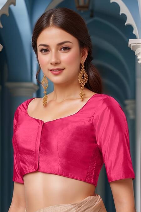 Buy Samyukta Singhania Pink Silk Paan Neck Blouse Online at Aza Fashions Buy_Samyukta Singhania_Pink Silk Paan Neck Blouse_Online_at_Aza_Fashions