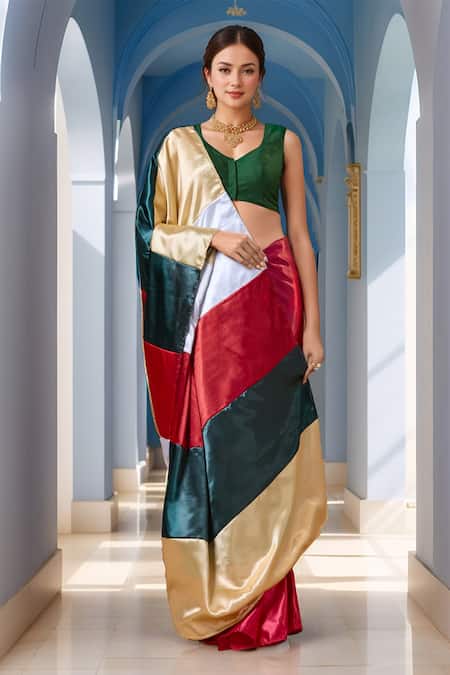 Shop_Samyukta Singhania_Green Silk Plunge Neck Paan Blouse_Online_at_Aza_Fashions