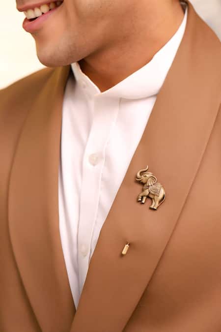 Cosa Nostraa_Gold Antique Elephant Design Lapel Pin _at_Aza_Fashions