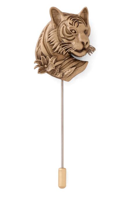 Shop_Cosa Nostraa_Gold Antique Tiger Emblem Lapel Pin _Online_at_Aza_Fashions