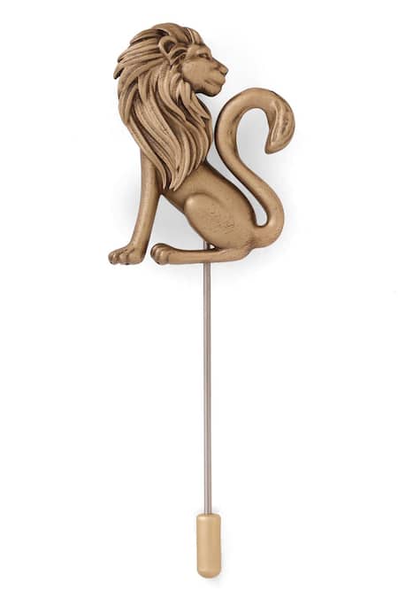 Shop_Cosa Nostraa_Gold Antique Lion Lapel Pin _Online_at_Aza_Fashions