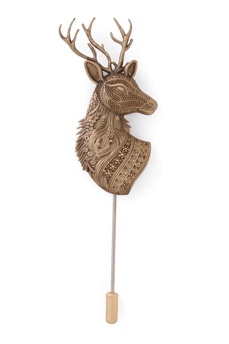 Shop_Cosa Nostraa_Gold Antique Stag Design Lapel Pin _Online_at_Aza_Fashions