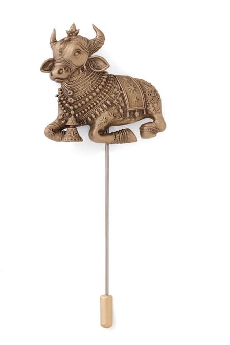 Shop_Cosa Nostraa_Gold Lord Nandi Oath Antique Lapel Pin _Online_at_Aza_Fashions