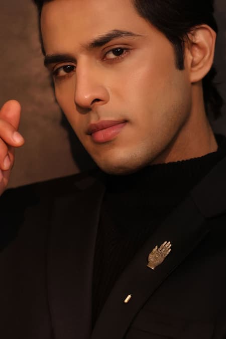 Shop_Cosa Nostraa_Gold Embroidery Antique Hand Of Harmony Lapel Pin _at_Aza_Fashions