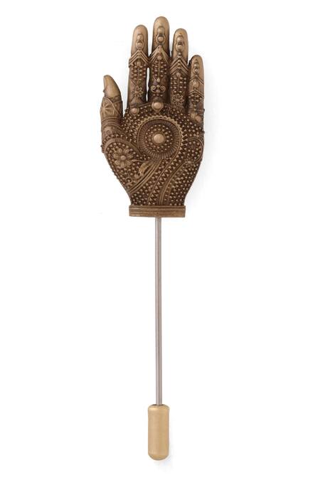 Cosa Nostraa_Gold Embroidery Antique Hand Of Harmony Lapel Pin _at_Aza_Fashions