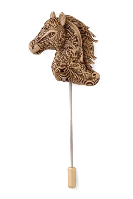 Shop_Cosa Nostraa_Gold Antique Horse Head Lapel Pin _Online_at_Aza_Fashions