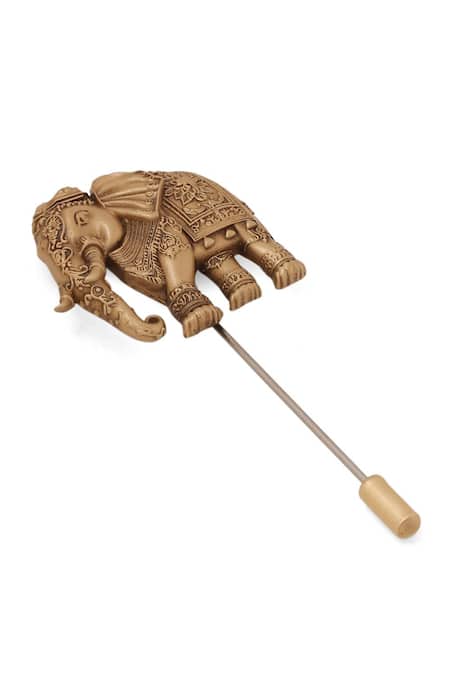 Cosa Nostraa_Gold Antique Elephant Emissary Lapel Pin _Online_at_Aza_Fashions