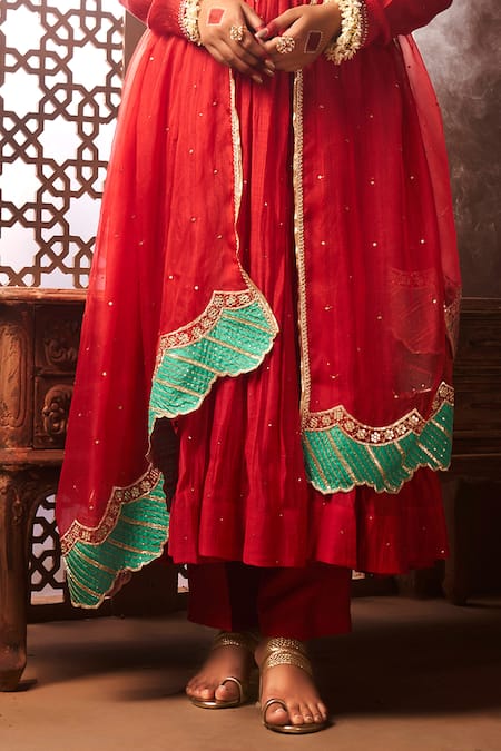Almaari By Pooja Patel_Red Chanderi, Organza, Silk Pearls, Mirrors, Sequins Embroidered Anarkali Set _Online_at_Aza_Fashions
