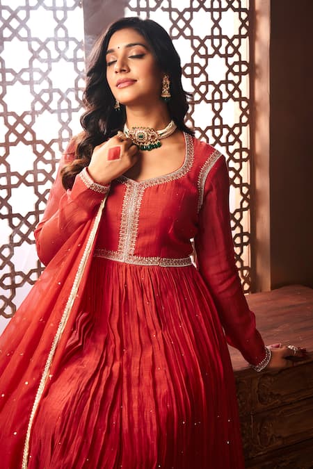 Shop_Almaari By Pooja Patel_Red Chanderi, Organza, Silk Pearls, Mirrors, Sequins Embroidered Anarkali Set _at_Aza_Fashions