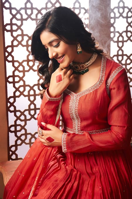 Buy_Almaari By Pooja Patel_Red Chanderi, Organza, Silk Pearls, Mirrors, Sequins Embroidered Anarkali Set _Online_at_Aza_Fashions