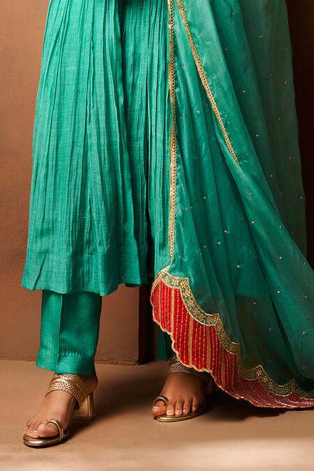 Almaari By Pooja Patel_Green Chanderi, Organza, Silk Mirrors, Pearls, Sequins Embroidered Anarkali Set _Online_at_Aza_Fashions