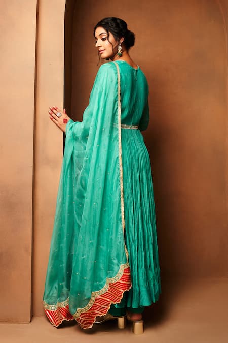 Shop_Almaari By Pooja Patel_Green Chanderi, Organza, Silk Mirrors, Pearls, Sequins Embroidered Anarkali Set _at_Aza_Fashions