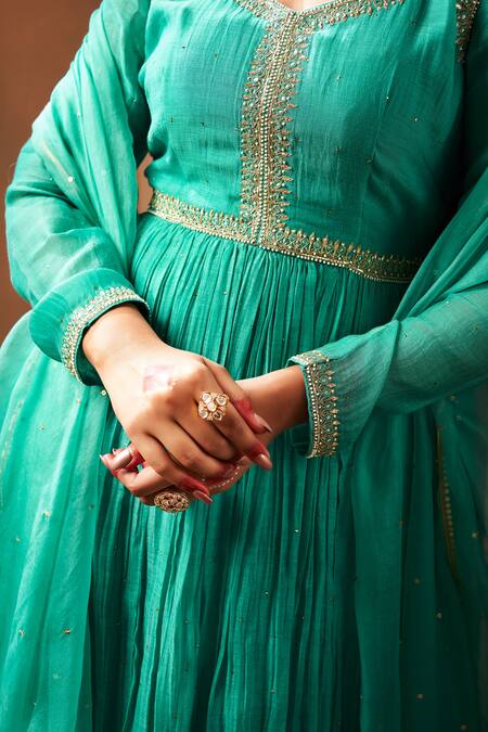 Shop_Almaari By Pooja Patel_Green Chanderi, Organza, Silk Mirrors, Pearls, Sequins Embroidered Anarkali Set _Online_at_Aza_Fashions