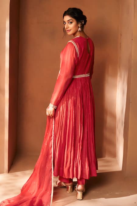 Shop Almaari By Pooja Patel Red Chanderi, Organza, Silk Embroidery, Sequins Round Neck Anarkali Set at Aza Fashions Shop_Almaari By Pooja Patel_Red Chanderi, Organza, Silk Embroidery, Sequins Round Neck Anarkali Set _at_Aza_Fashions