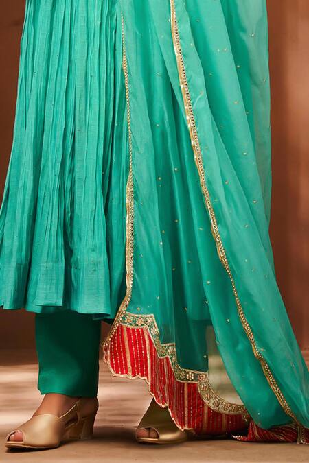 Buy_Almaari By Pooja Patel_Green Chanderi, Organza, Silk Embroidery, Sequins Chhav Placement Anarkali Set _Online_at_Aza_Fashions
