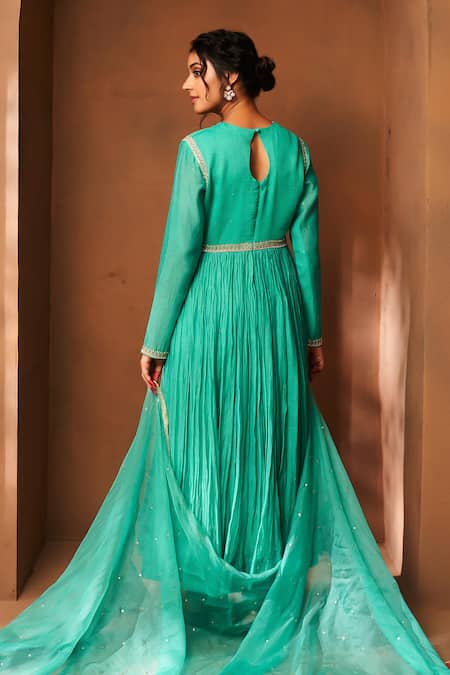 Shop_Almaari By Pooja Patel_Green Chanderi, Organza, Silk Embroidery, Sequins Chhav Placement Anarkali Set _at_Aza_Fashions