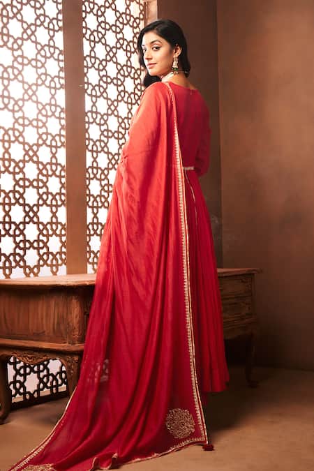 Almaari By Pooja Patel Red Floral Embroidered Anarkali Set 